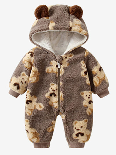 Bear Zip Up Long Sleeve Hooded Jumpsuit Taupe