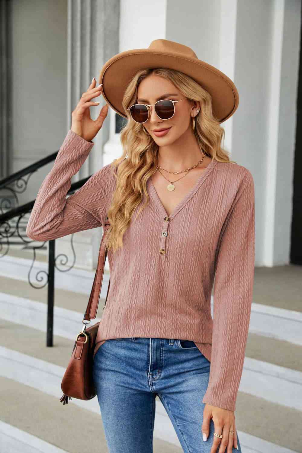 Cable-Knit Long Sleeve V-Neck T-Shirt Dusty Pink