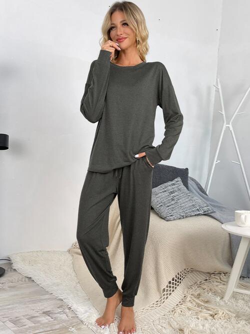 Round Neck Top and Drawstring Pants Lounge Set Charcoal