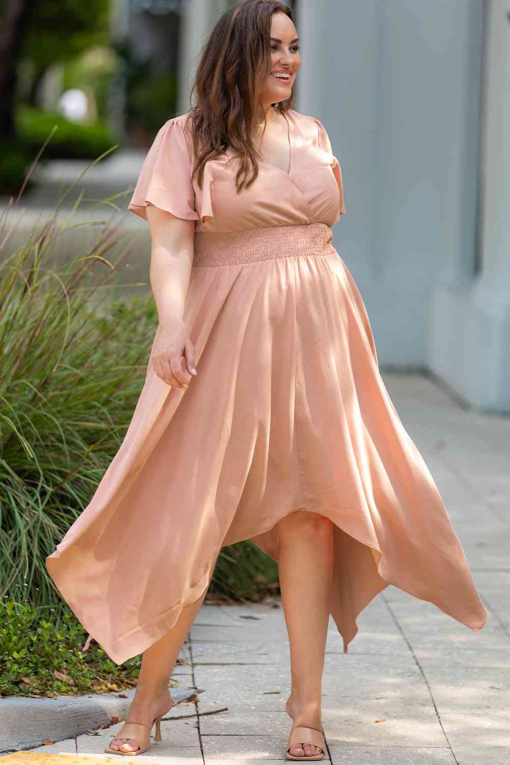 Plus Size Wide Waistband Surplice Neck Flutter Sleeve Midi Dress Peach