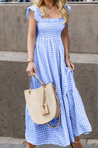 Full Size Smocked Ruffled Plaid Ruffle Hem Dress Ultra marine