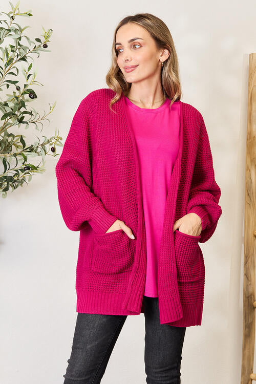 Zenana Full Size Waffle-Knit Open Front Cardigan Magenta