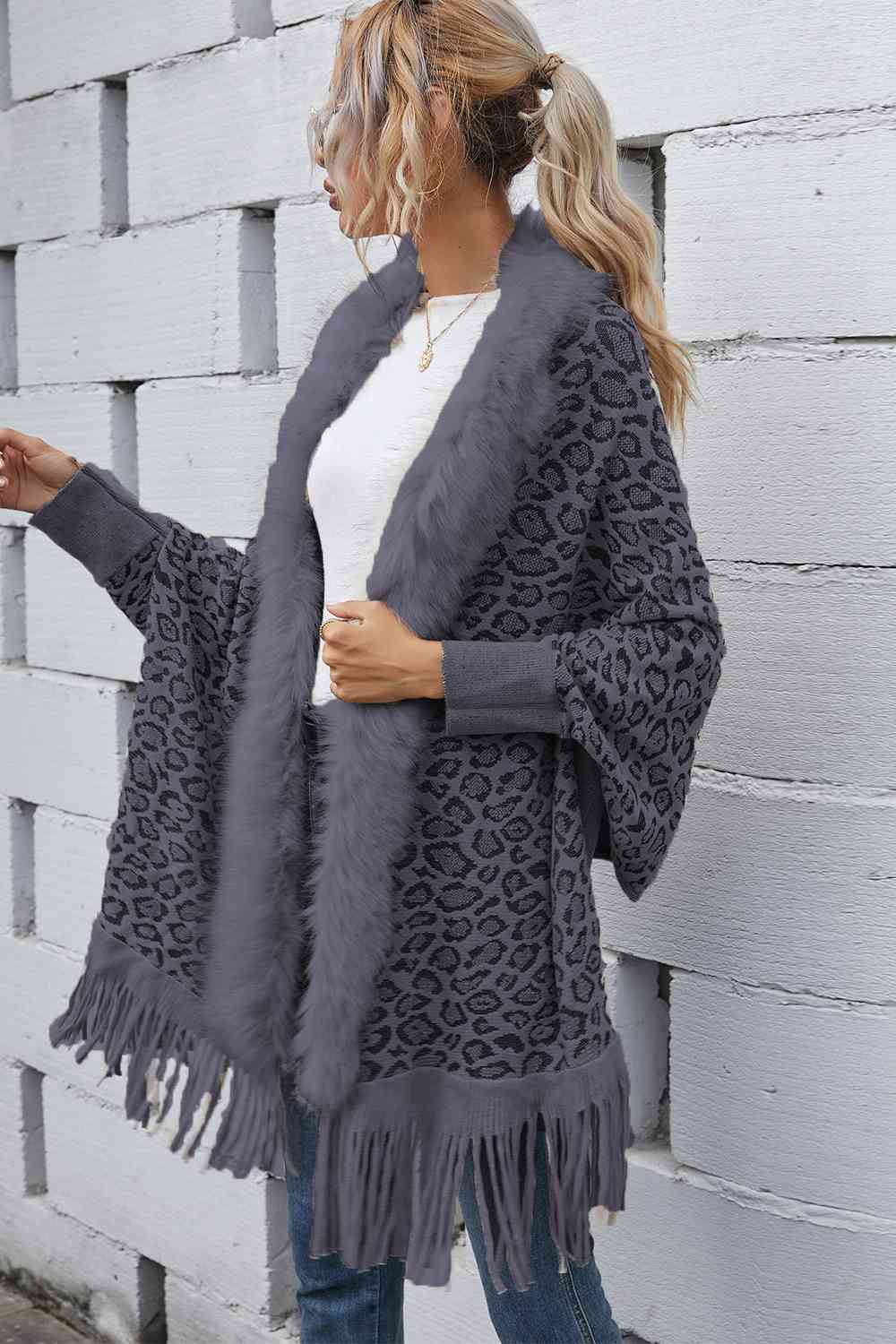 Leopard Fringe Detail Poncho Charcoal