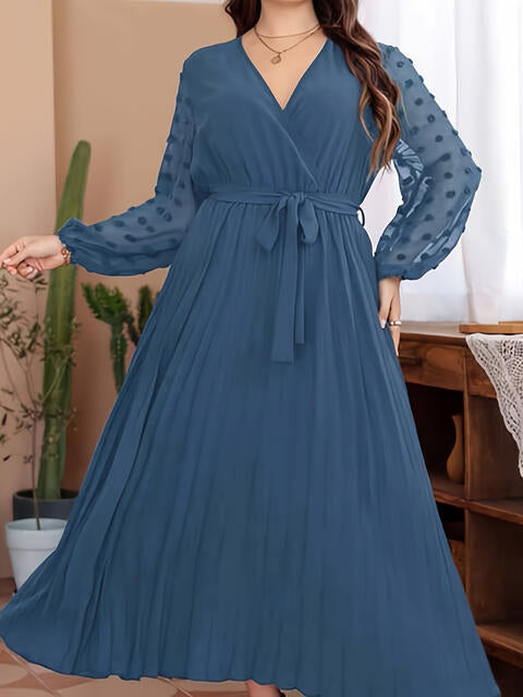 Plus Size Swiss Dot Tie Waist Maxi Dress Peacock Blue