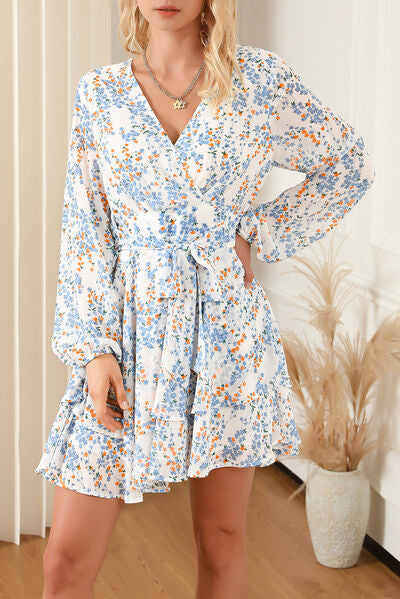 Printed Surplice Balloon Sleeve Mini Dress Floral