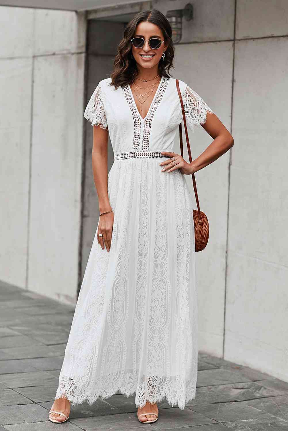 Scalloped Trim Lace Plunge Dress White