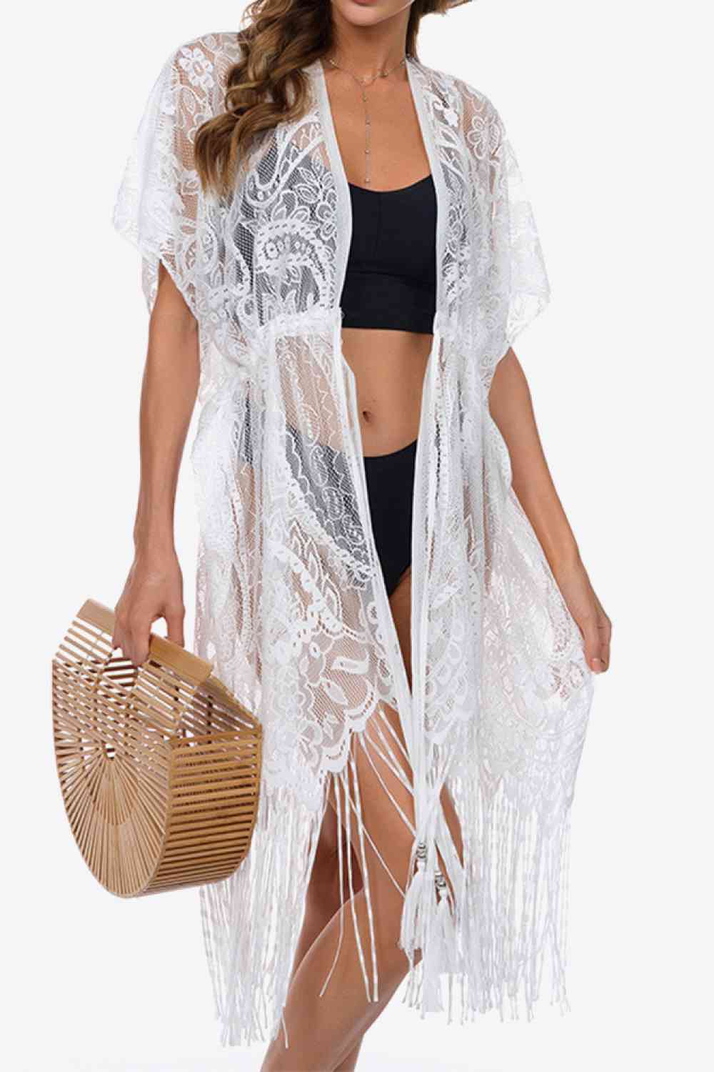 Fringe Trim Lace Cover-Up Dress White One Size