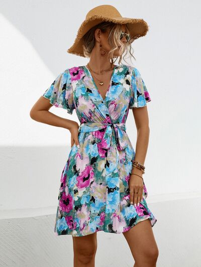 Printed Surplice Tie Waist Mini Dress Pastel Blue