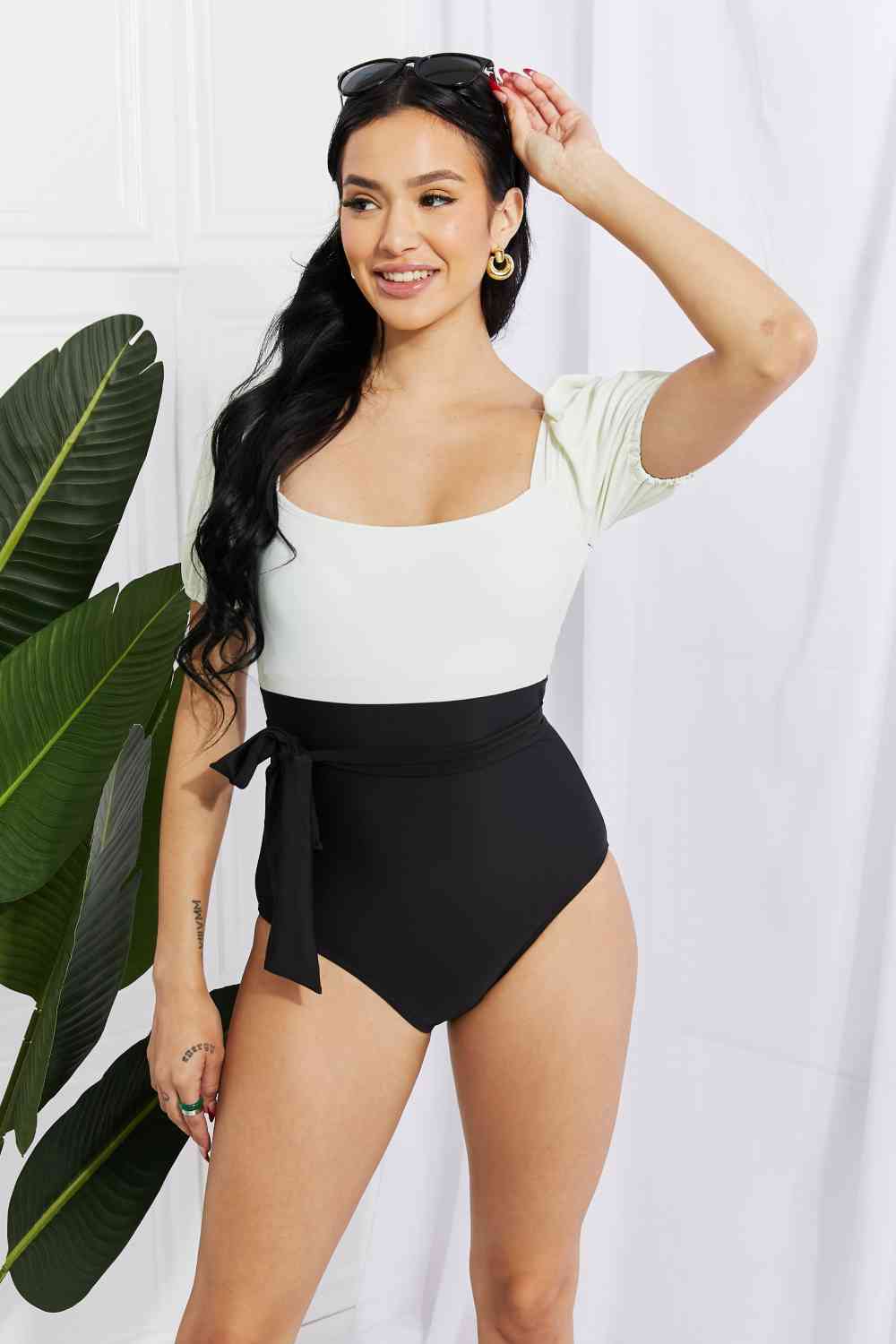 Marina West Swim Salty Air Puff Sleeve One-Piece in Cream/Black Cream/Black