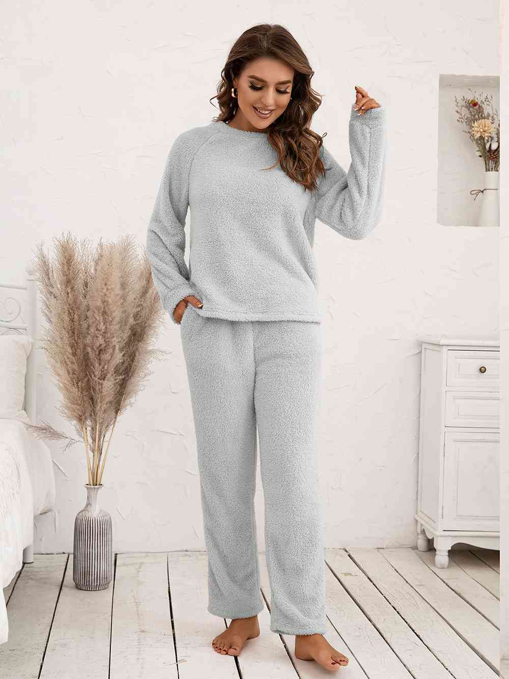 Teddy Long Sleeve Top and Pants Lounge Set Light Gray