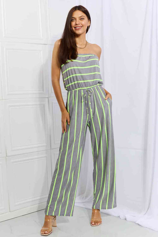 Sew In Love Pop Of Color Full Size Sleeveless Striped Jumpsuit Grey/Neon Lime