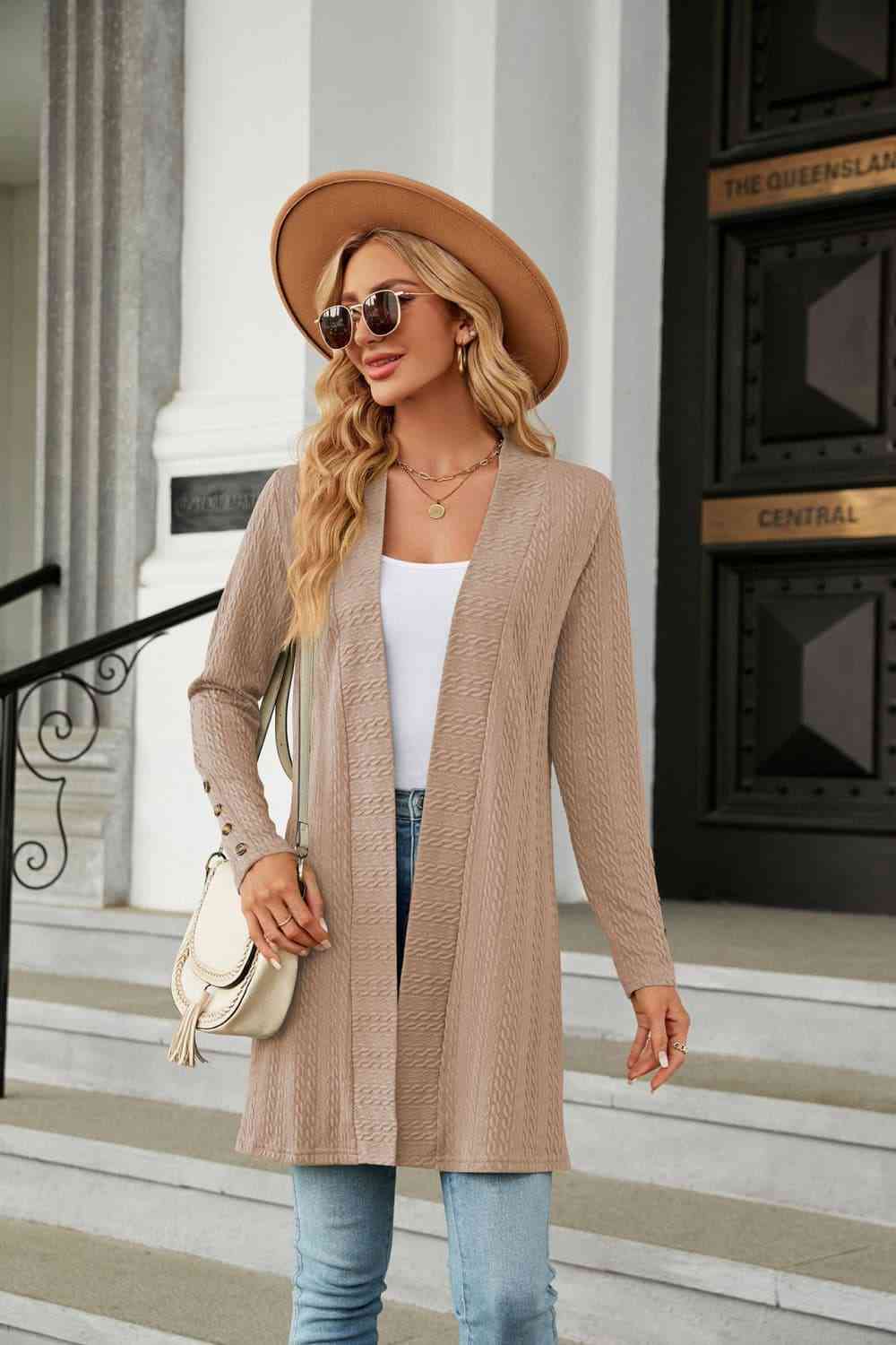 Long Sleeve Open Front Cardigan Khaki