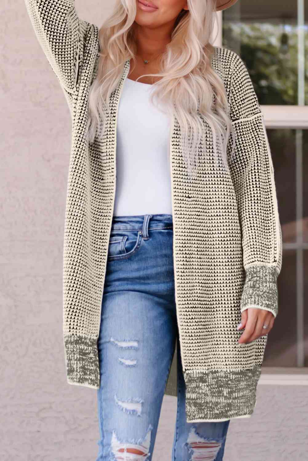 Woven Right Heathered Open Front Longline Cardigan Sand