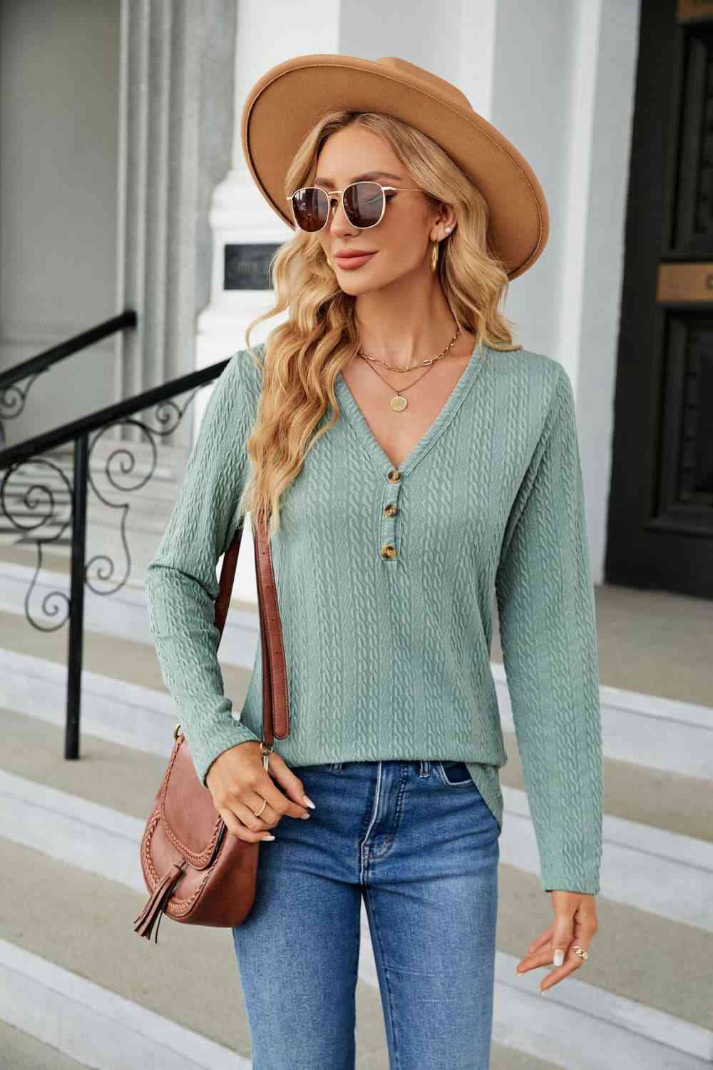 Cable-Knit Long Sleeve V-Neck T-Shirt Sage