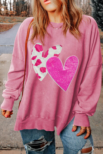 Plus Size Heart Sequin Round Neck Sweatshirt Dusty Pink