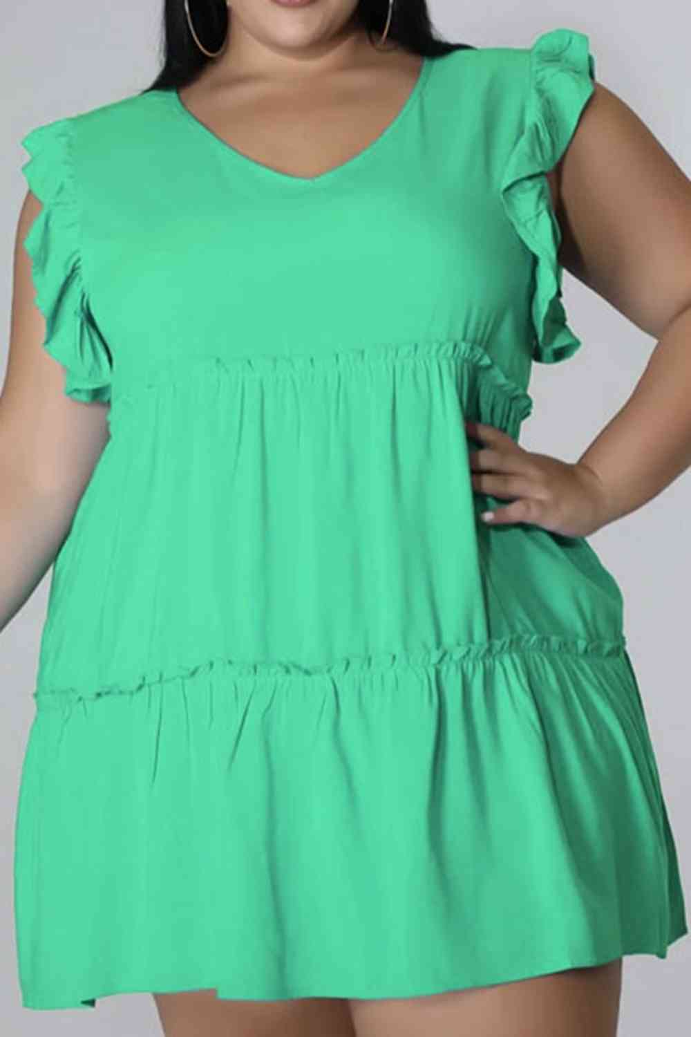 Plus Size V-Neck Frill Trim Mini Dress Mint Green