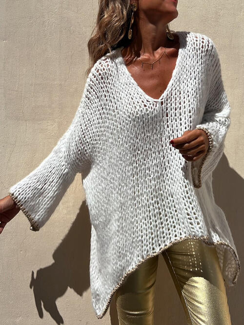 Contrast V-Neck Long Sleeve Sweater White