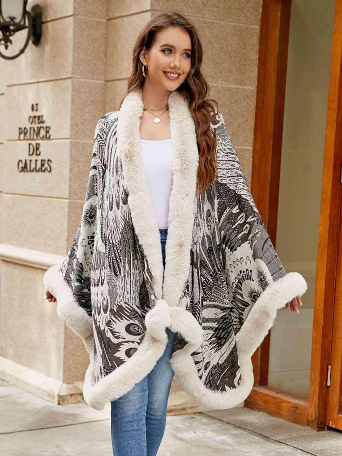 Printed Open Front Poncho Ivory One Size