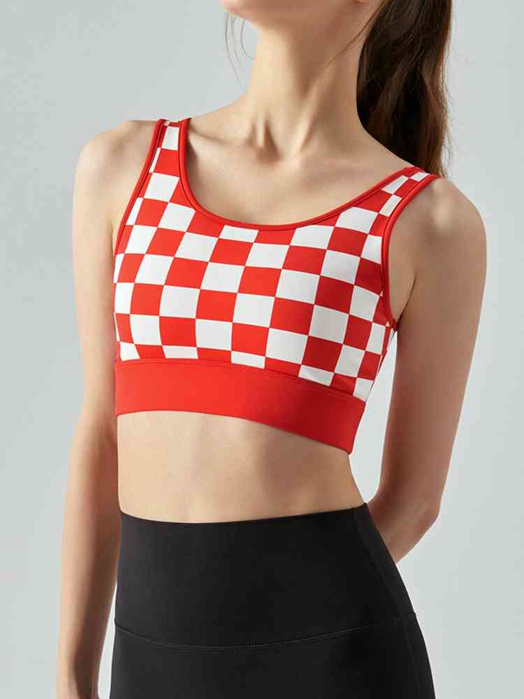 Round Neck Plaid Cropped Sports Tank Top Red
