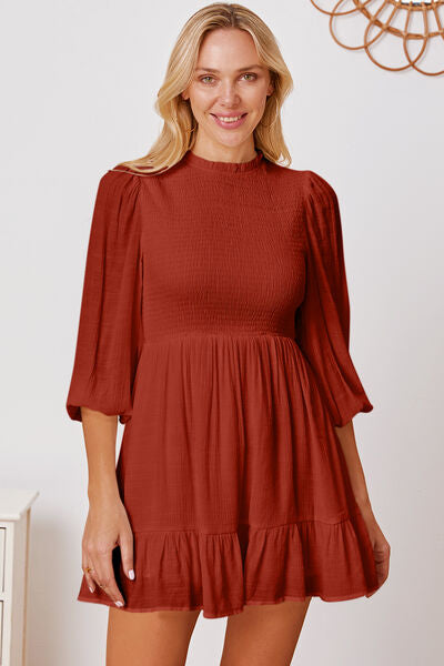 Frill Balloon Sleeve Ruffle Hem Mini Dress Brick Red