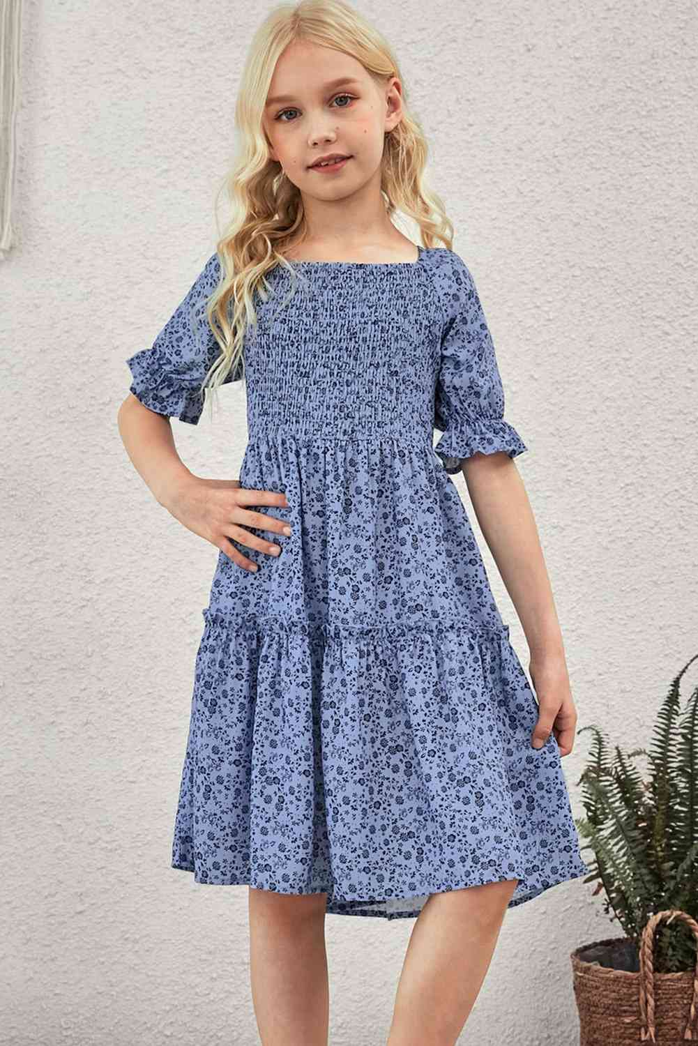 Girls Printed Smocked Flounce Sleeve Dress Blue