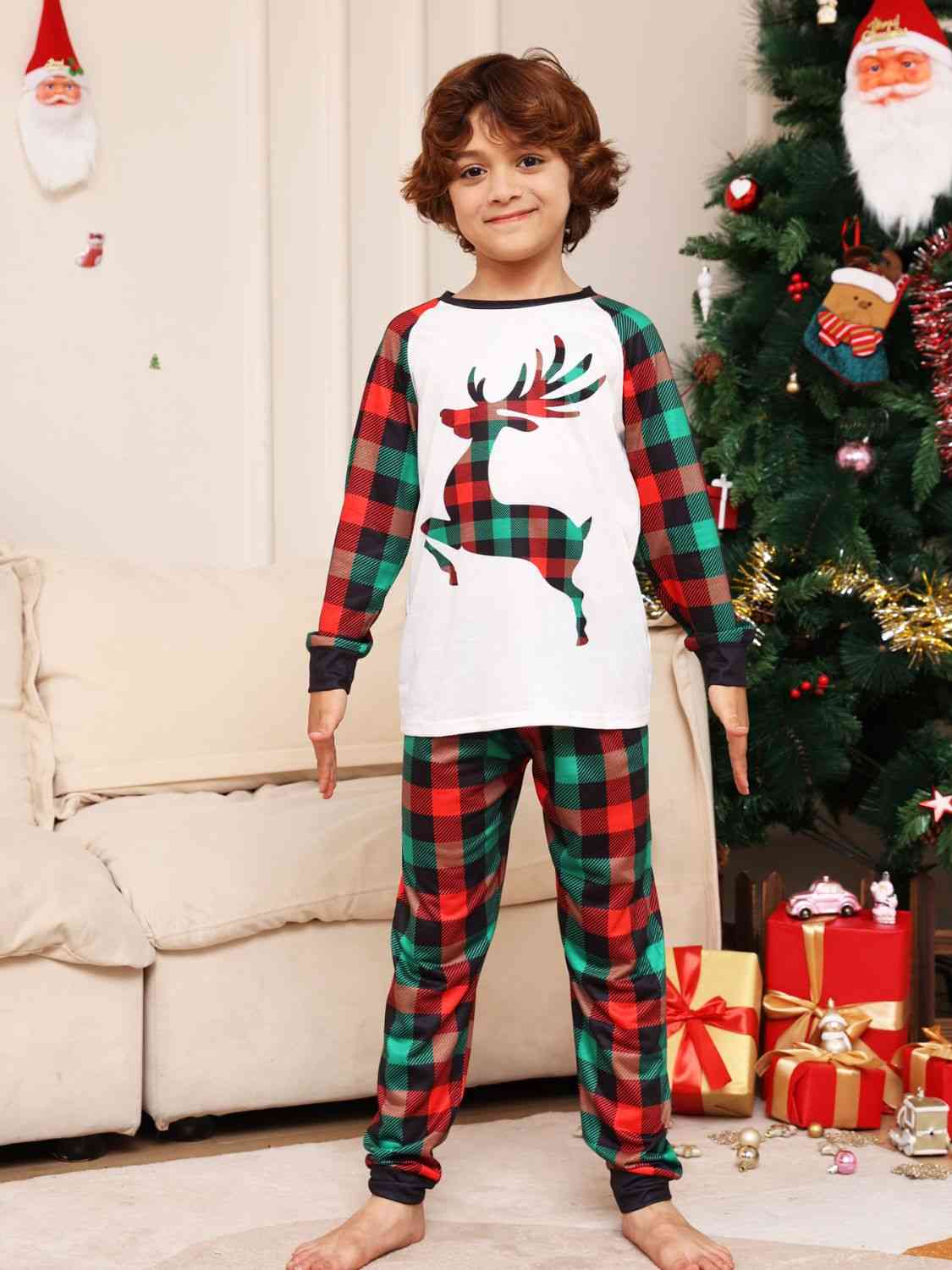 Reindeer Graphic Top and Plaid Pants Set Plaid