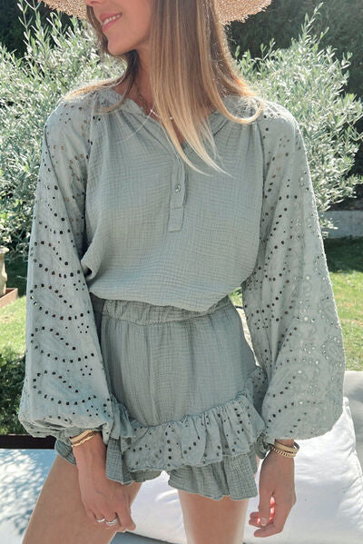 Eyelet Half Button Top and Shorts Set Sage