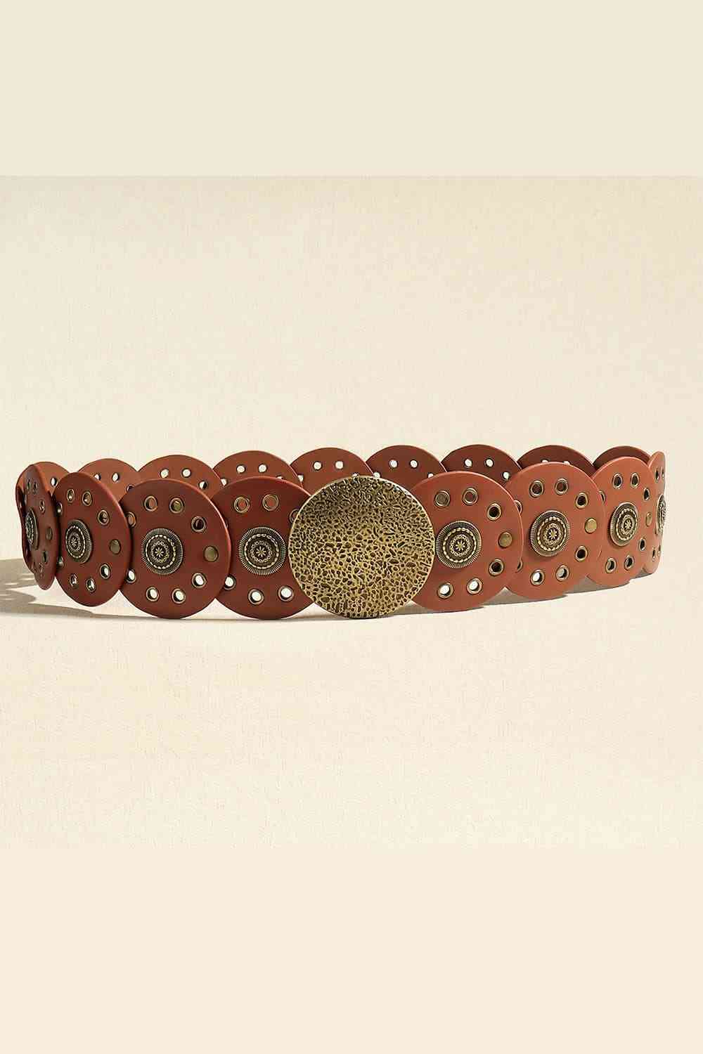 Round Shape PU Leather Belt Brown/Style B One Size