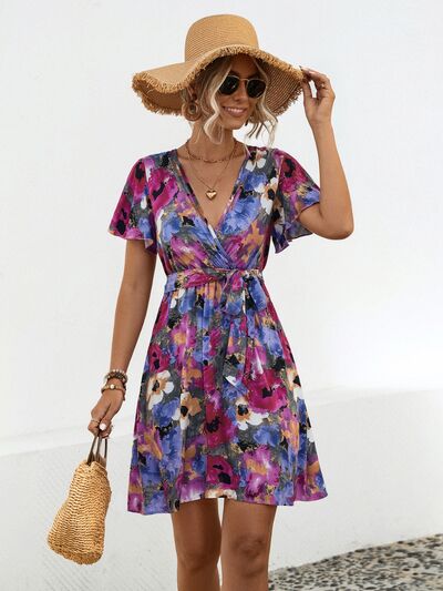 Printed Surplice Tie Waist Mini Dress