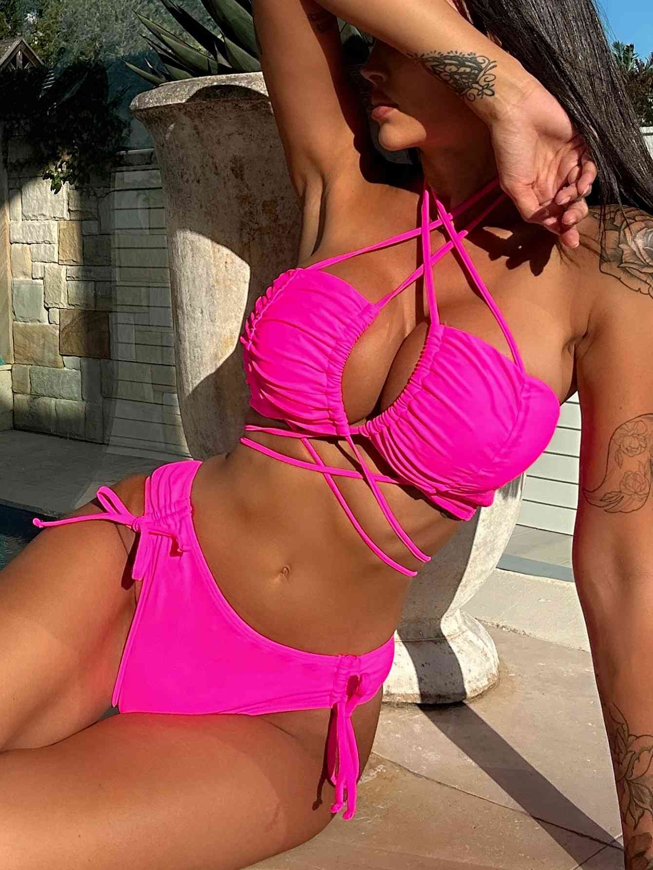 Halter Neck Drawstring Detail Bikini Set Hot Pink