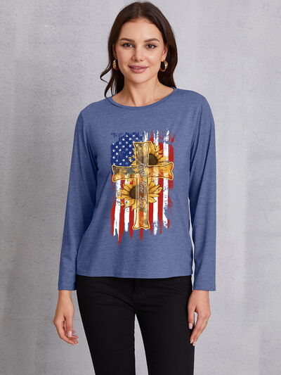 Graphic Round Neck Long Sleeve T-Shirt Dusty Blue