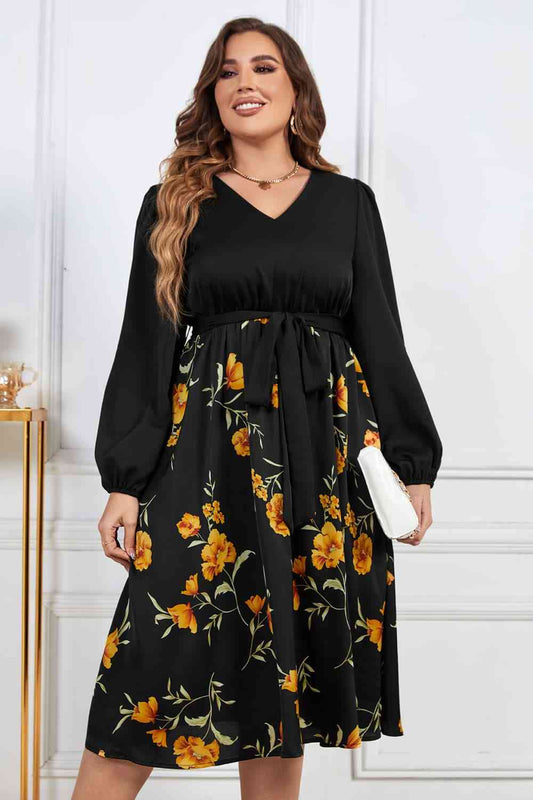 Melo Apparel Plus Size Floral Print Tie Belt V-Neck Balloon Sleeve Midi Dress