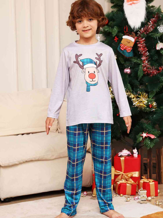 Rudolph Graphic Long Sleeve Top and Plaid Pants Set Azure