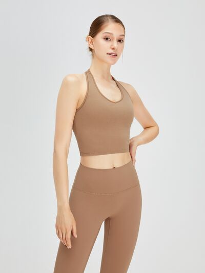 Backless Halter Neck Active Tank Camel