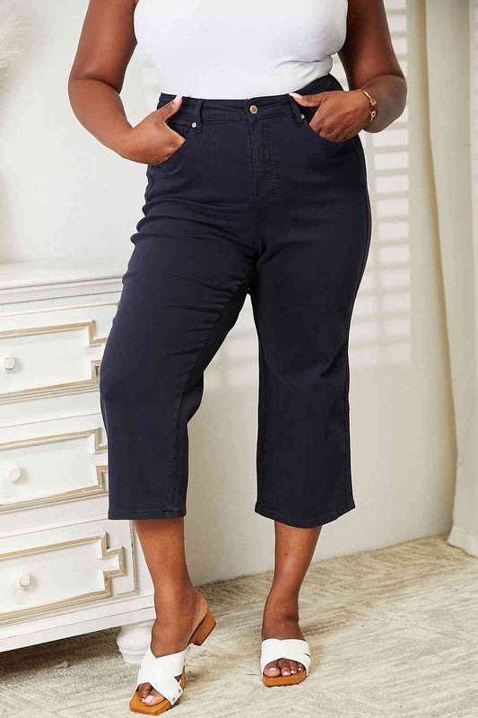 Judy Blue Full Size High Waist Tummy Control Garment Dyed Wide Cropped Jeans Navy Blue