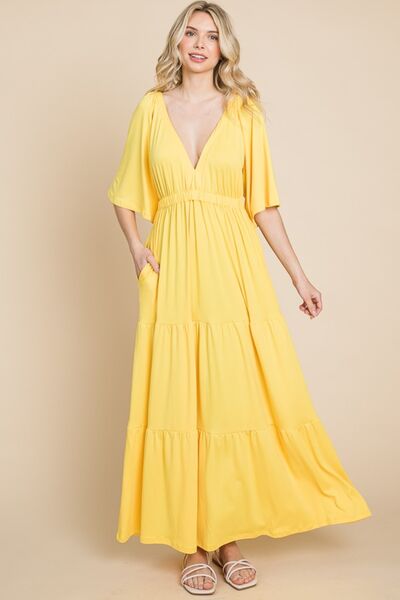 Culture Code Backless Plunge Half Sleeve Tiered Dress LEMONADE