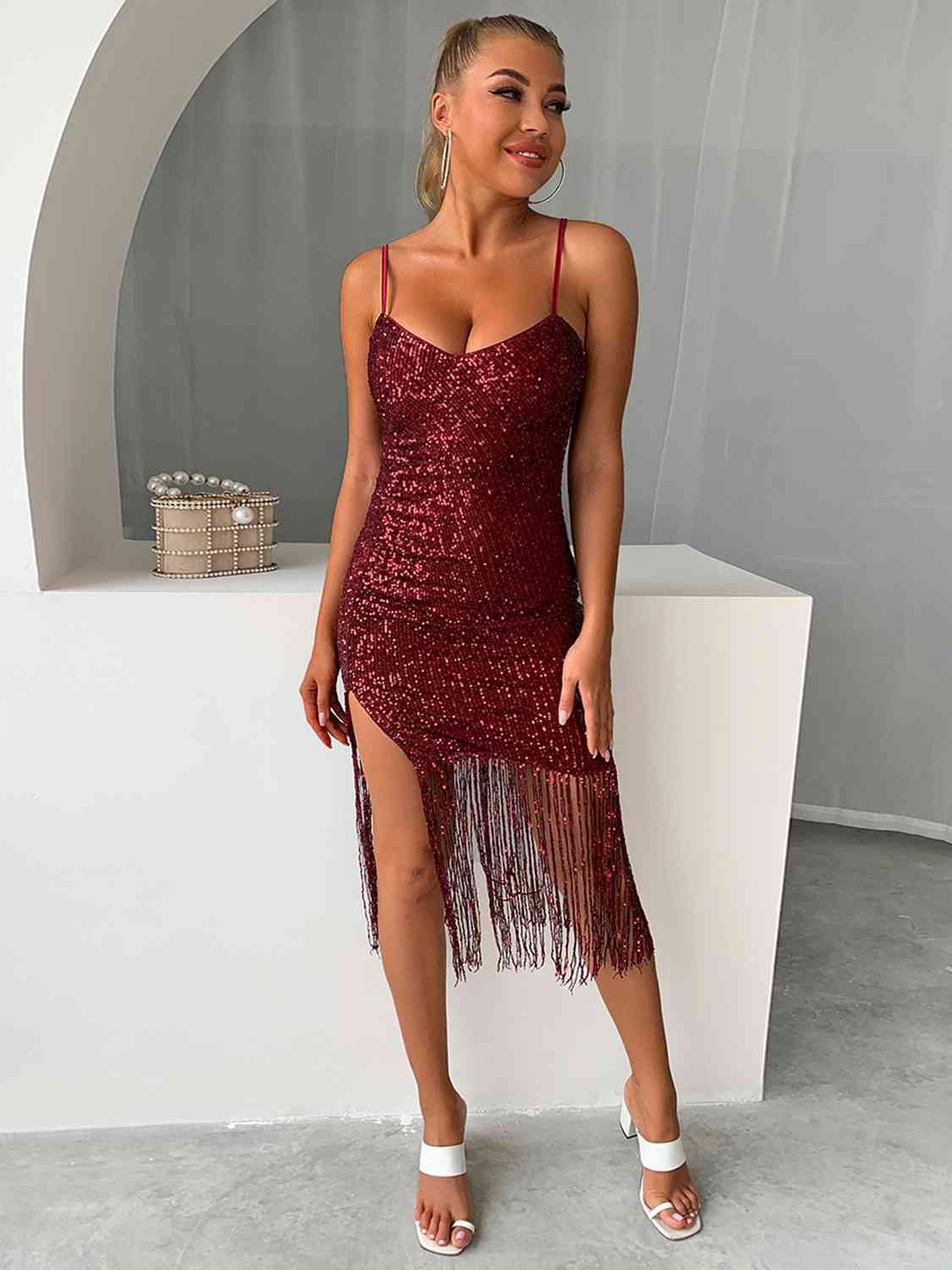 Sequin Fringe Spaghetti Strap Dress Wine