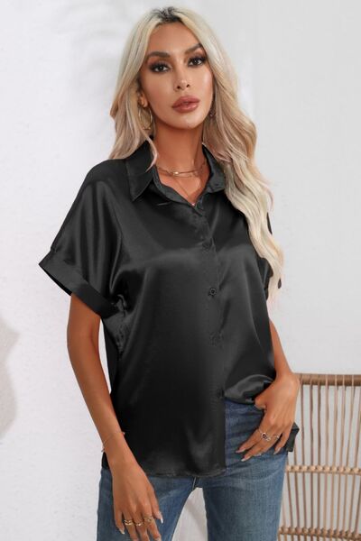 Collared Neck Short Sleeve Shirt Black