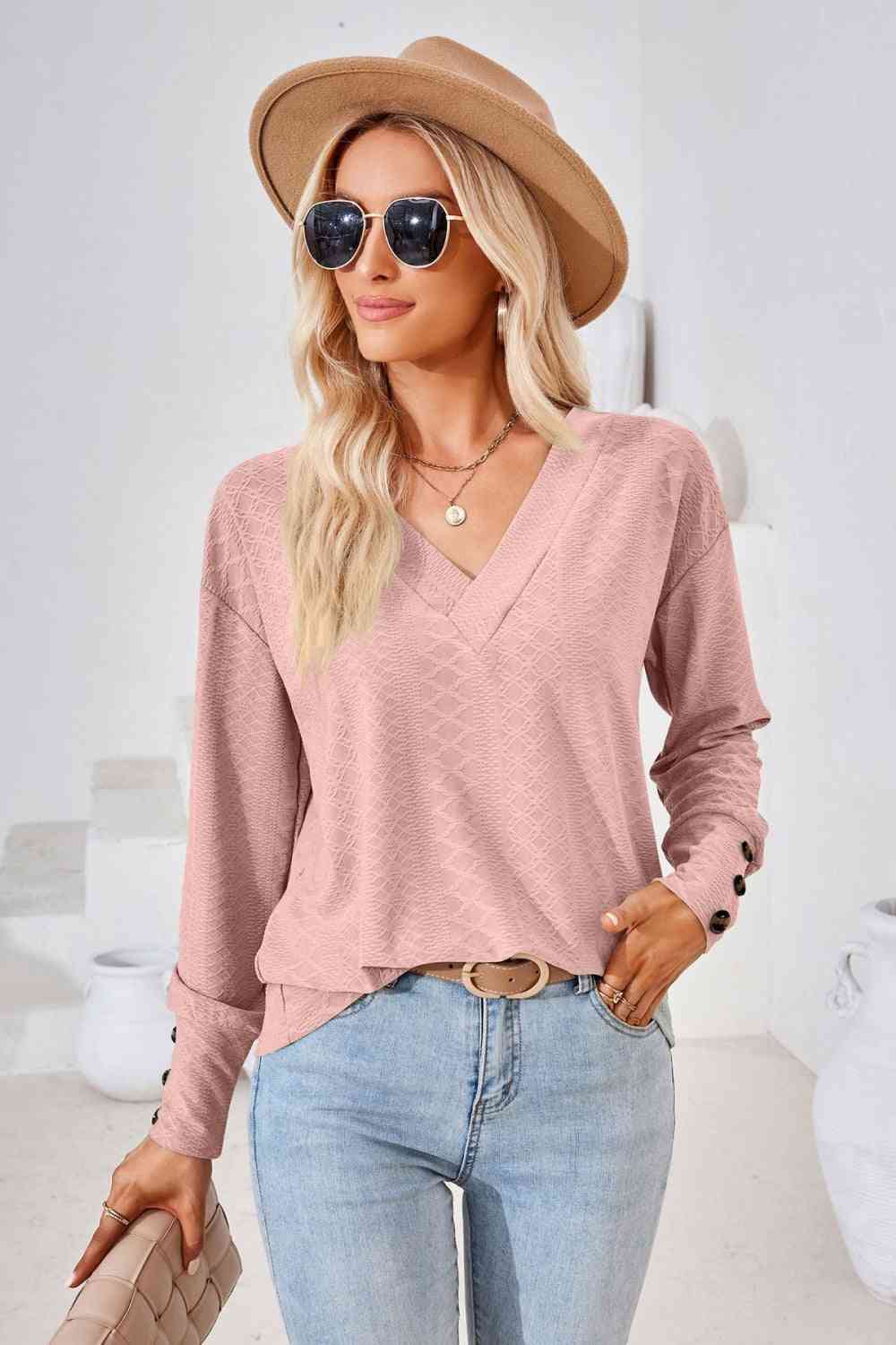 V-Neck Long Sleeve Blouse Dusty Pink