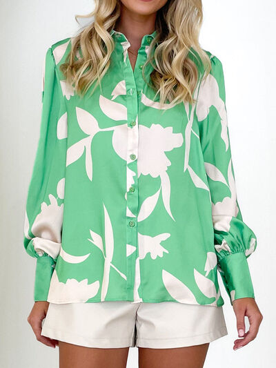 Printed Button Up Lantern Sleeve Shirt Light Green