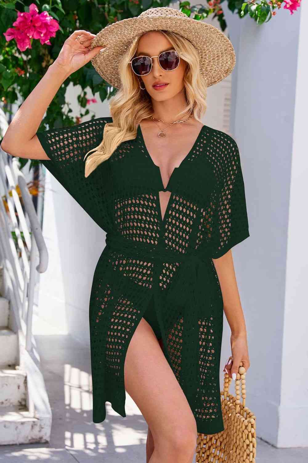 Openwork Tie Waist Cover Up Forest