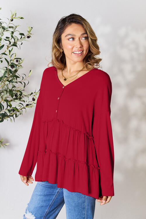 Double Take Half Button Long Sleeve Ruffle Hem Blouse Wine