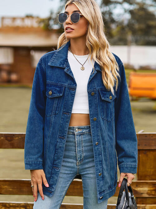 Collared Neck Denim Jacket With Pockets Dark