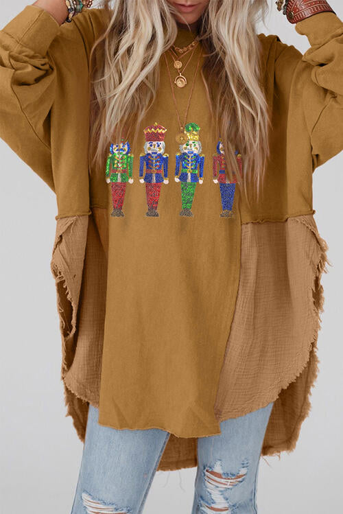 Sequin Nutcracker Long Sleeve Slit Sweatshirt Caramel