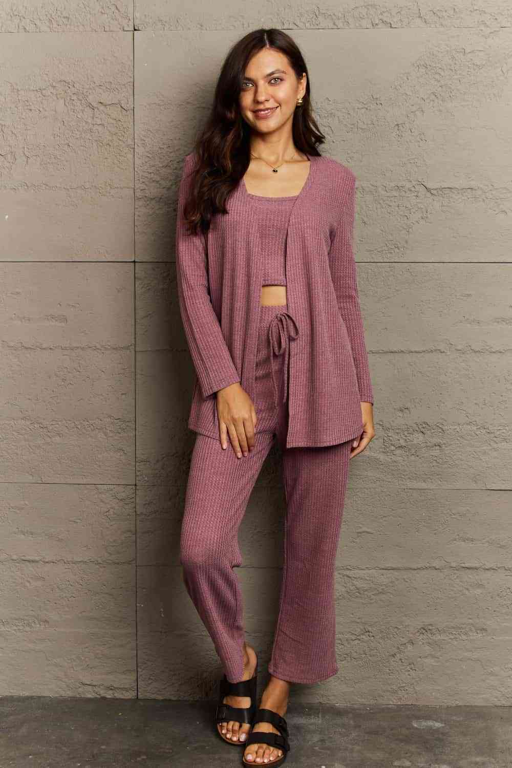 Ninexis Full Size Cropped Top, Long Pants and Cardigan Lounge Set Moonlit Mauve