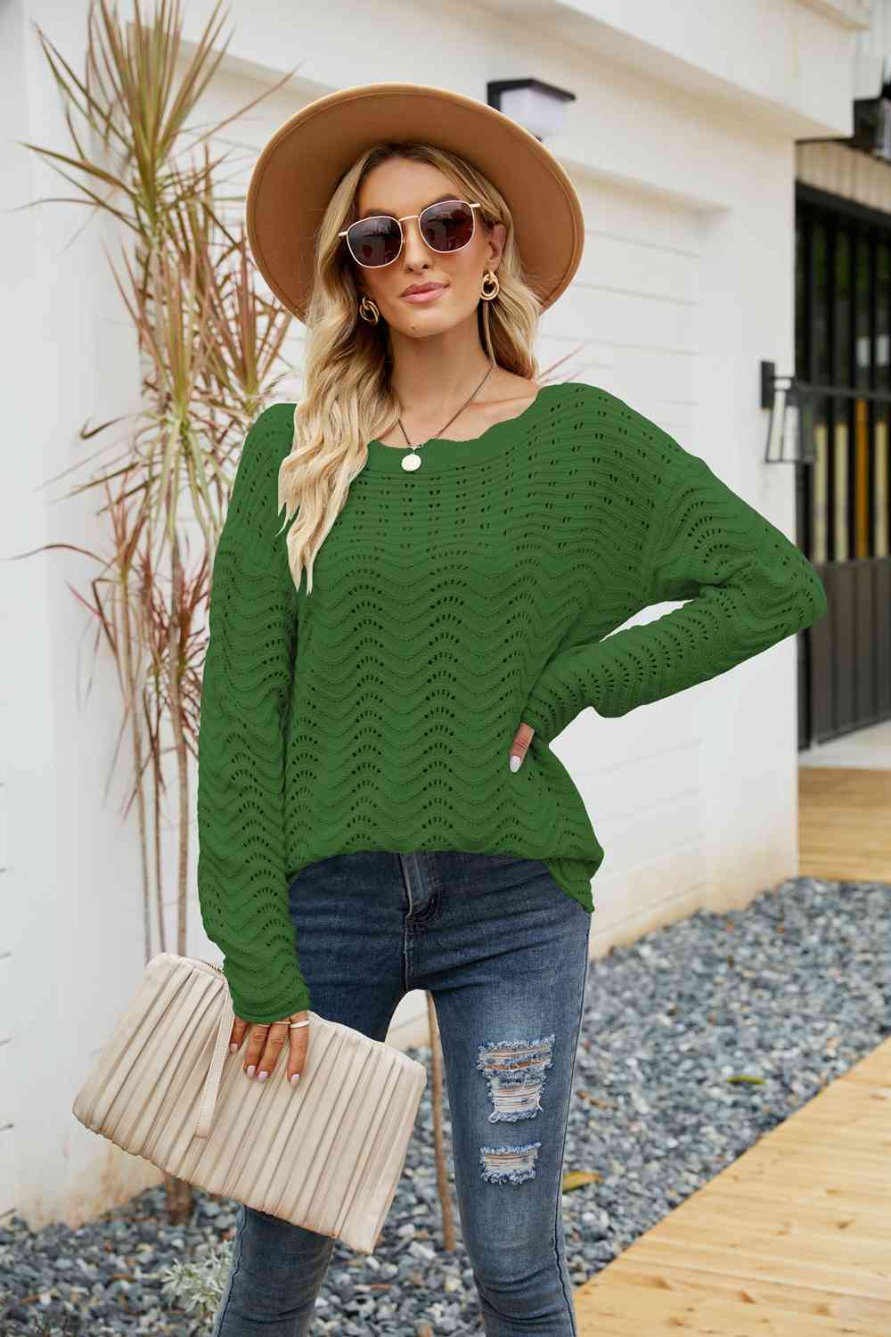 Woven Right Scalloped Boat Neck Openwork Tunic Sweater Green