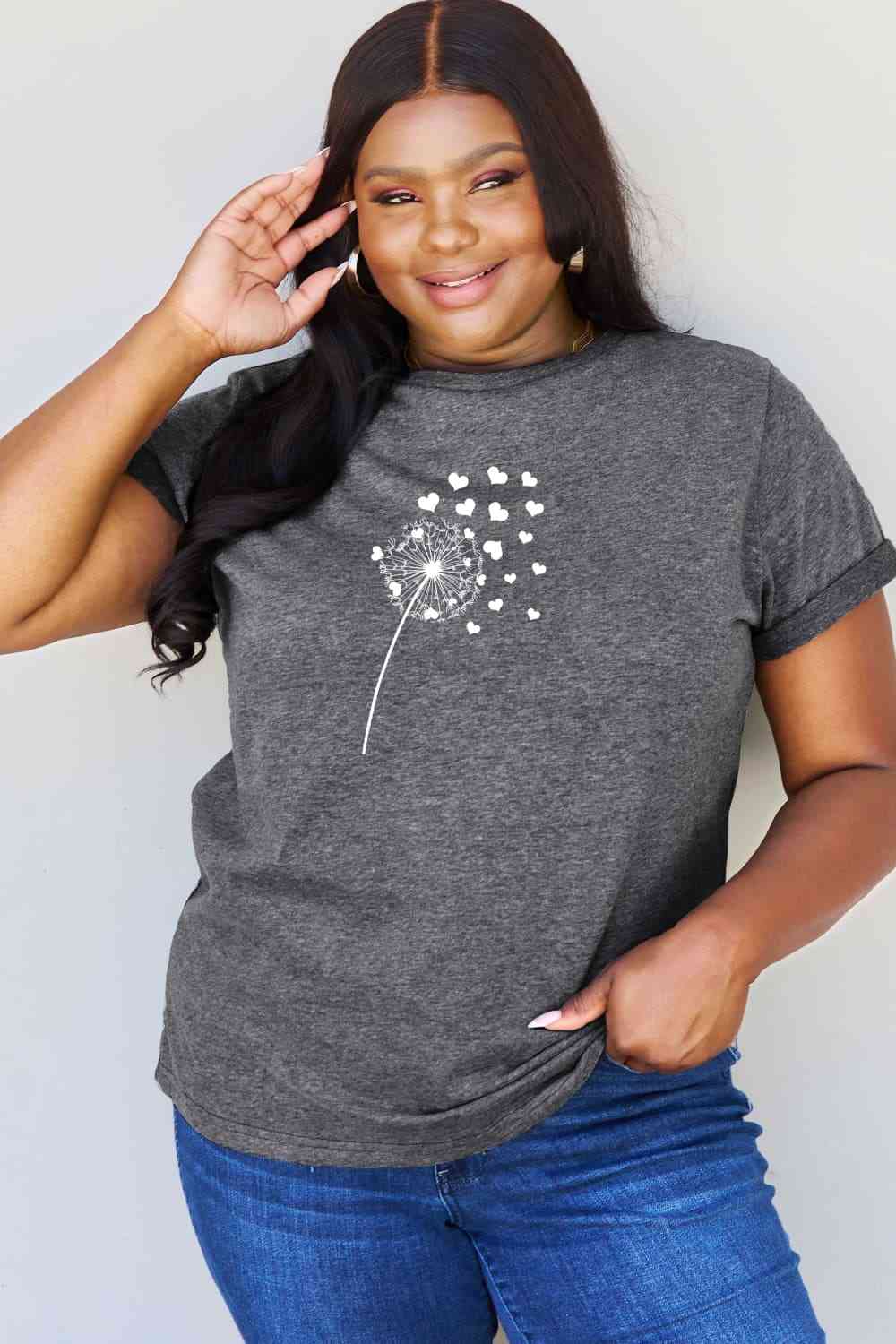 Simply Love Full Size Dandelion Heart Graphic Cotton T-Shirt Charcoal