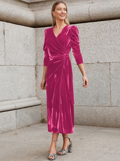 Surplice Puff Sleeve Midi Dress Deep Rose