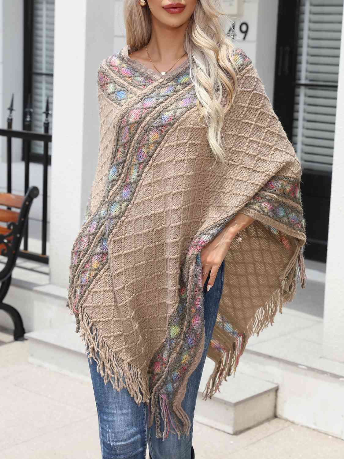 Contrast V-Neck Poncho with Fringes Beige