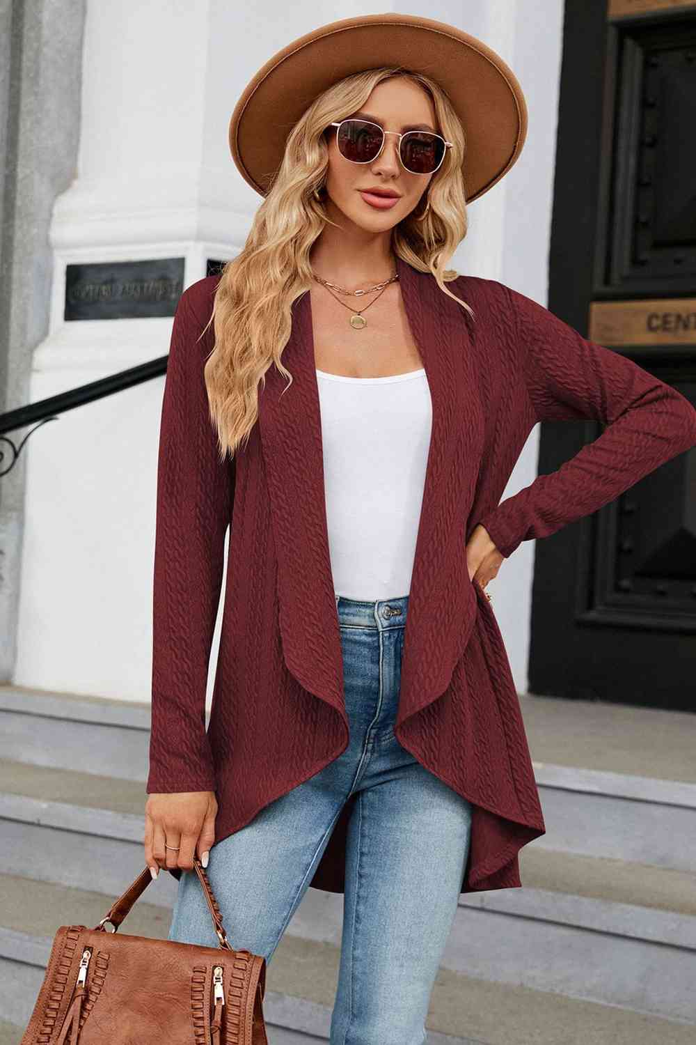 Open Front Long Sleeve Cardigan Wine